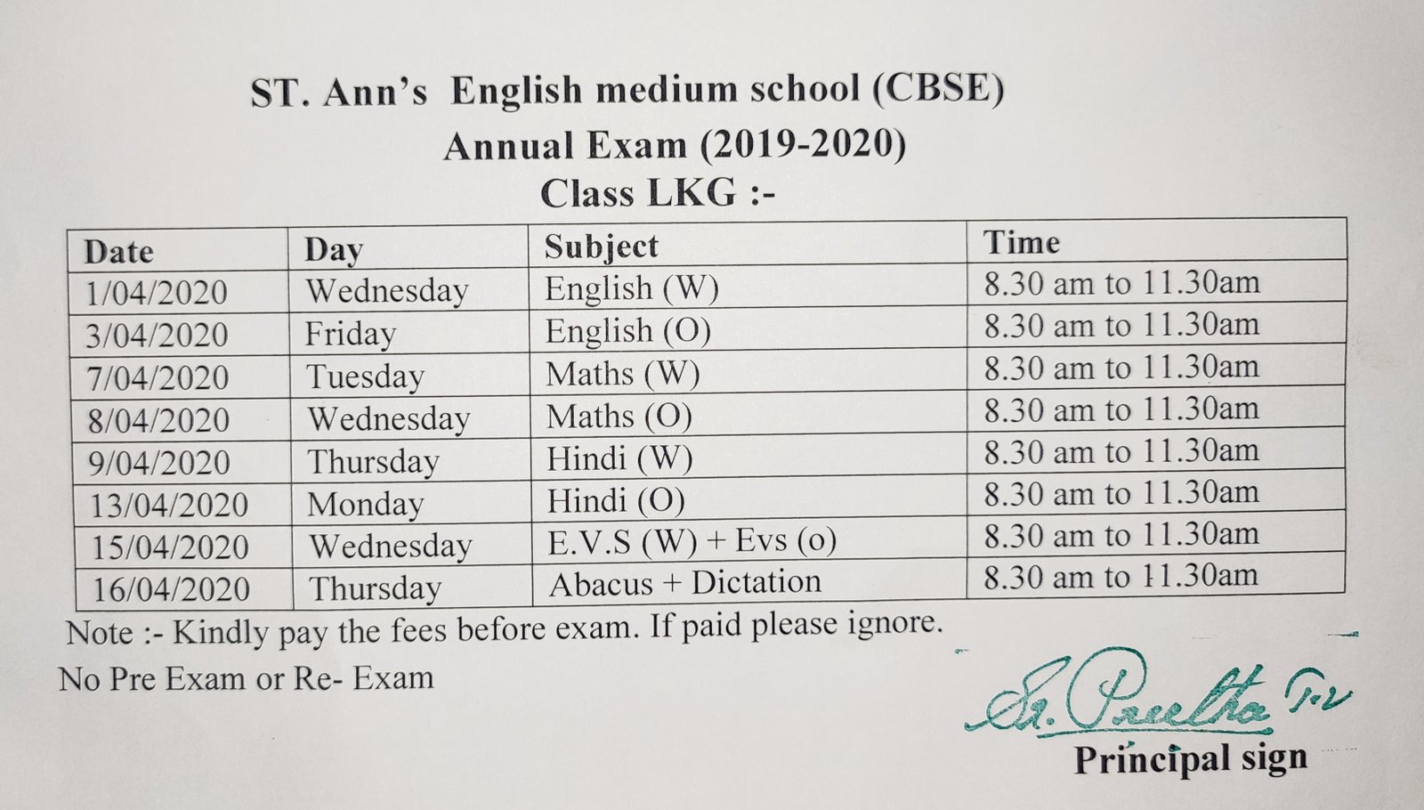 FINAL EXAM TIMETABLE (20202021) St. Ann's English Medium School (CBSE)