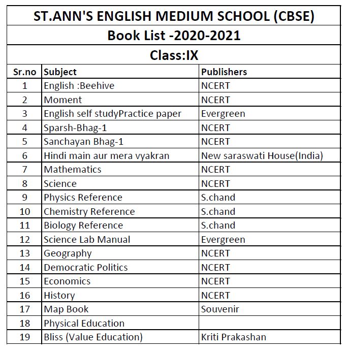 Book List St Ann #39 s English Medium School (CBSE)
