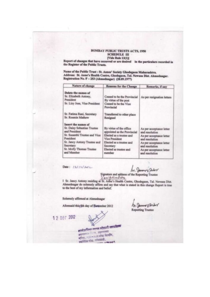 TRUST REGISTRATION CERTIFICATE – St. Ann's English Medium School (CBSE)